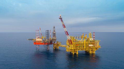 A gas platform pumping up natural gas from below the ocean. Gas is used for cooking and powering some vehicles.