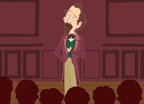 Charles Dickens speaking to a crowd. 