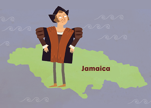 Christopher Columbus standing on Jamaica