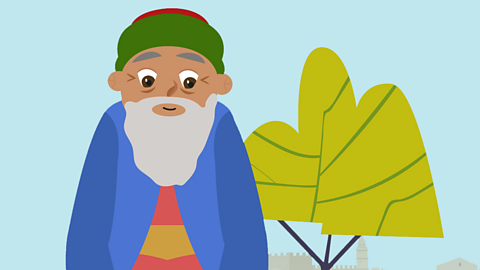 An illustration of an white-bearded elderly man, standing next to a tree.