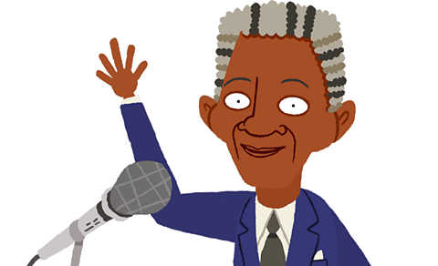 Nelson Mandela smiling and waving in front of a microphone.