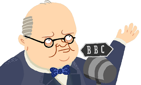 Winston Churchill talking into a 鶹Լ microphone.