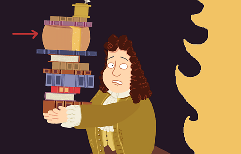 Samuel Pepys running away from fire holding cheese and books. 