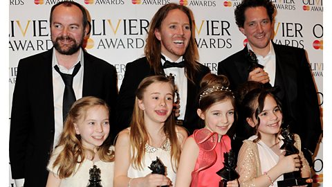 Dennis Kelly, Tim Minchin, Bertie Carvel and the four rotating Matildas at the Olivier Awards.