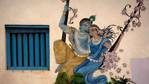 An illustration of the Hindu god Krishna and his love Radha