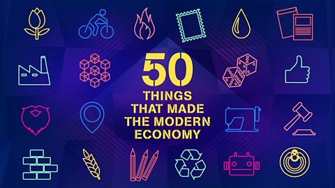 Podcast Title Card for 50 Things That Made The Modern Economy. Primarily Purple with Yellow Text.