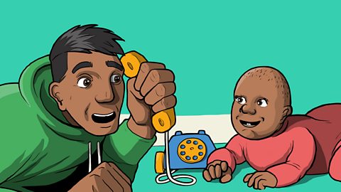 Illustration of a dad and baby playing with a toy telephone.