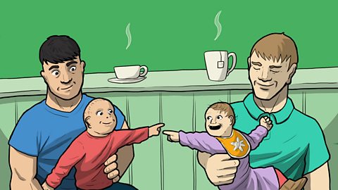 Illustration of two dads with their babies enjoying a cup of tea.