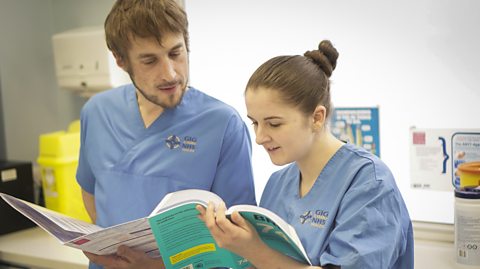 Sarah and a colleague looking at at a book.