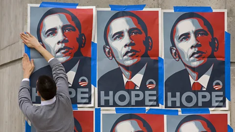 Getty Shepard Fairey’s iconic image of Obama recalls both Warhol’s Marilyn and Korda’s Guevera (Credit: Getty)