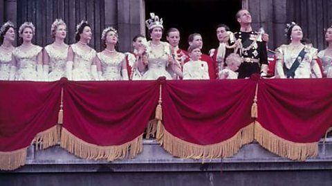 A photograph of Queen Elizabeth II on the balcony of Buckingham Palace on the day of her coronation.