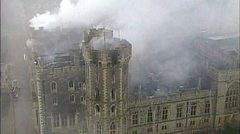 A still image showing a fire at Windsor Castle in 1992.
