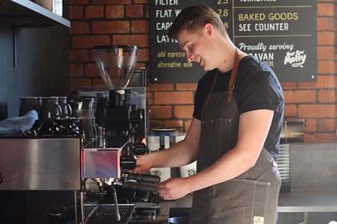 Max making a cup of hot chocolate