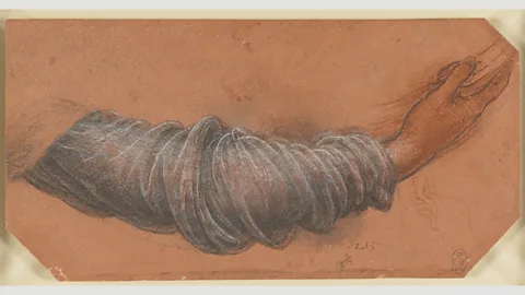 Royal Collection Trust/Her Majesty Queen Elizabeth 2019 Drawings such as this, showing the drapery of the Madonna’s arm, c 1510-15, served as a guide for assistants working on the paintings