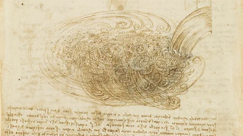 Royal Collection Trust/Her Majesty Queen Elizabeth 2019 In his studies of water, c1510-12, Da Vinci shows the eddies and bubbles resulting from water falling from a sluice into a pool, freezing the scene in time