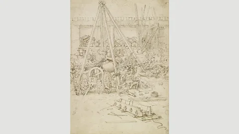 Royal Collection Trust/Her Majesty Queen Elizabeth 2019 Gunpowder was introduced to European warfare during Da Vinci’s life, and his military drawings of the 1480s include designs for chariots and catapults as well as guns and mortars
