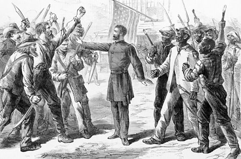 An 1868 engraving from Harper's Bazaar showing a Bureau officer holding back a group of angry whites