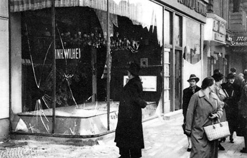 Photograph of smashed windows of a Jewish shop in Berlin in the aftermath of Kristallnacht