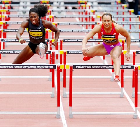 Photo of Jessica Ennis competing in the Women's 100 metre hurdles race at the Great CityGames