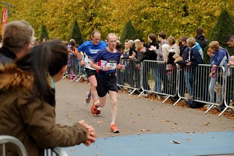 Photo of runners approaching the finish line in Glasgow Green during the Great Scottish Run on October 5th, 2014