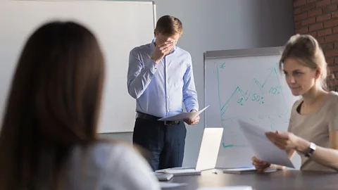 Getty Images Focusing on the people in the room rather than whether you're speaking correctly can help calm public speaking nerves, experts say (Credit: Getty Images)