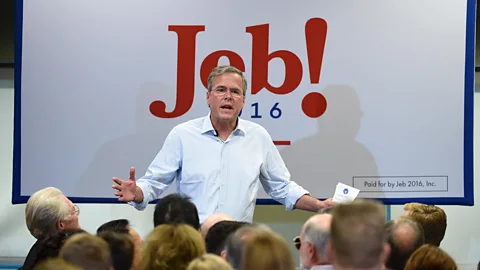 Getty Images Former US presidential candidate Jeb Bush's use of an excitable exclamation mark in his logo during his 2016 campagin drew some mocking from the media (Credit: Getty Images)