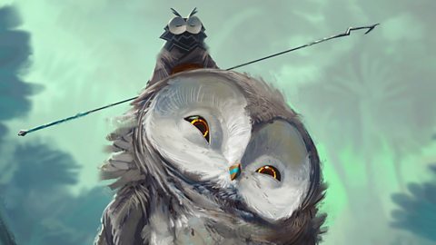 An illustration of a little owl sitting on a large owl's head.