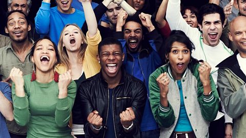 A group of people standing in a crowd cheering.