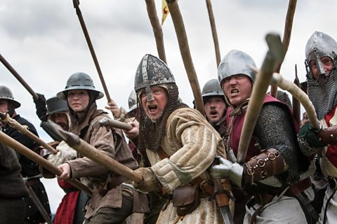 A modern re-enactment of a Scottish schiltron to commemorate the Battle of Bannockburn