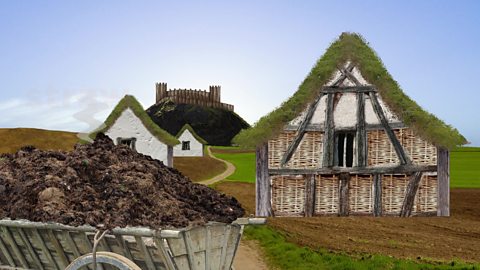 A graphic of a wattle and daub home and wheelbarrow of cow poo.