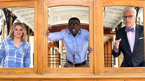 NBC In The Good Place, Chidi is asked to test his response to the 'trolley problem' inside a real trolley on tracks (Credit: NBC)