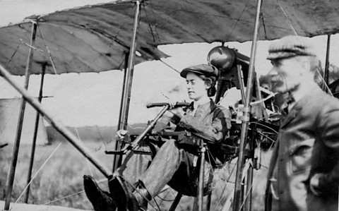 Photograph of Lilian Bland at the controls of her aeroplane the 'Mayfly'