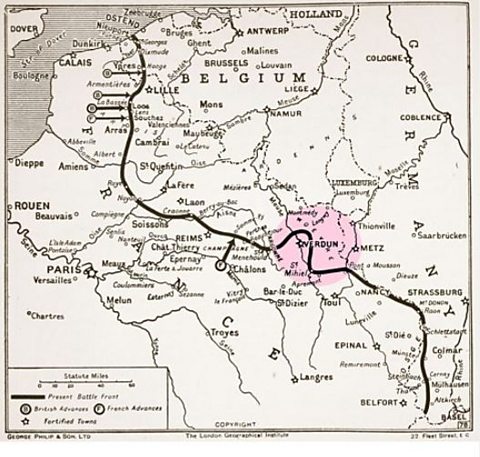 A map illustrating Verdun and the Western Front in 1915.