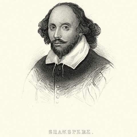 A drawing of William Shakespeare with the word 'Shakspere' underneath.