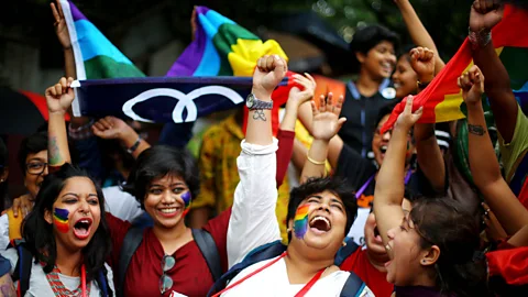 Piyal Adhikary/EPA-EFE/Shutterstock Celebrations as homosexuality is decriminalised in India in 2018 (Credit: Piyal Adhikary/EPA-EFE/Shutterstock)