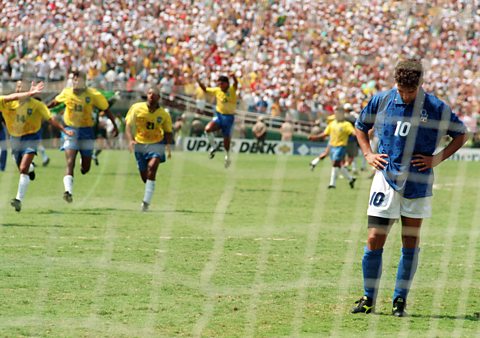 Photograph showing Italian midfielder Roberto Baggio after he missed a penalty kick in the 1994 World Cup final.