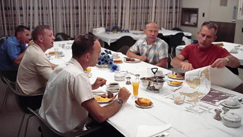 Getty Images The Apollo 11 crew ate steak and eggs before liftoff - a "low residue" meal which meant they wouldn't need a toilet break soon after launch (Credit: Getty Images)
