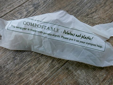 Photograph showing a compostable bag made from potato starch