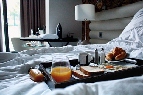 A room service breakfast tray.