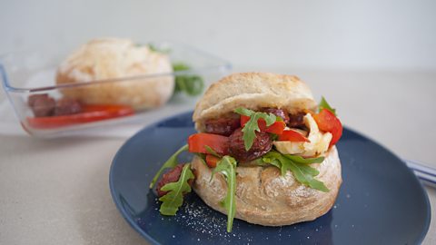 Get the recipe for microwave chorizo, halloumi and pepper roll