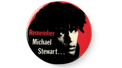 Collection of Patricia A. Pesce Allison Chipak/ Guggenheim Foundation, 2018 The movement to get justice for Michael Stewart involved many creatives, including Eric Drooker, who created this ‘ Michael Stewart’ badge. (Credit: Guggenheim Foundation)