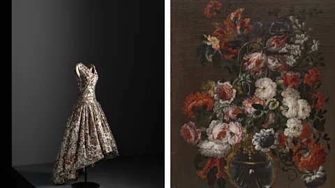 Coleccion de Ines Carvajal/ Gerstenmaier/ Jon Cazenave A silk ikat evening gown by Balenciaga and 17th-Century painting Flowers in a Glass Vase by Gabriel de la Corte (Credit: Coleccion de Ines Carvajal/ Gerstenmaier/ Jon Cazenave)
