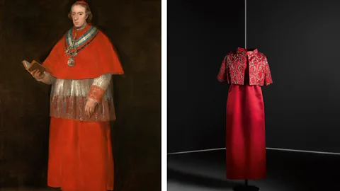 Museo Nacional del Prado, Madrid/ Jon Cazenave Goya’s portrait of Cardinal Luis Maria, 1800, and a Balenciaga outfit in red satin with metallic and ceramic details (Credit: Museo Nacional del Prado, Madrid/ Jon Cazenave)