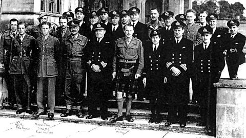 A black and white photograph of the tri service staff at Castle Toward in 1942