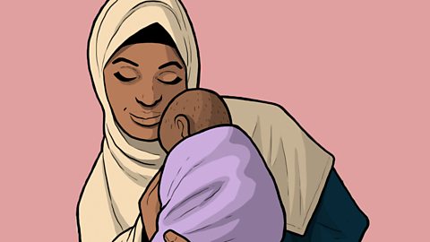 An illustration of a woman cuddling her baby.