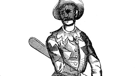 Illustration of the Harlequin stock character, holding a slapstick.