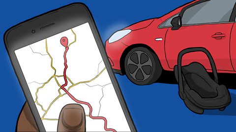 A hand holding up a phone with a route planned out on map software. A car and baby car seat appear in the background.