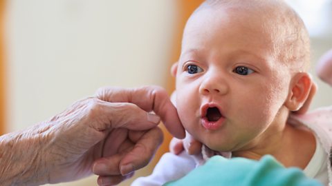 A baby opening her mouth as grandma touches her cheek.