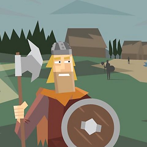 A viking man holding an axe and shield 