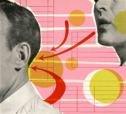 A pop art style image of a man speaking directly into the ear of another man